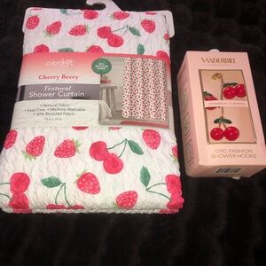 🍓🍒 Cherry & Strawberry  Textural Shower Curtain w/ cherry hooks